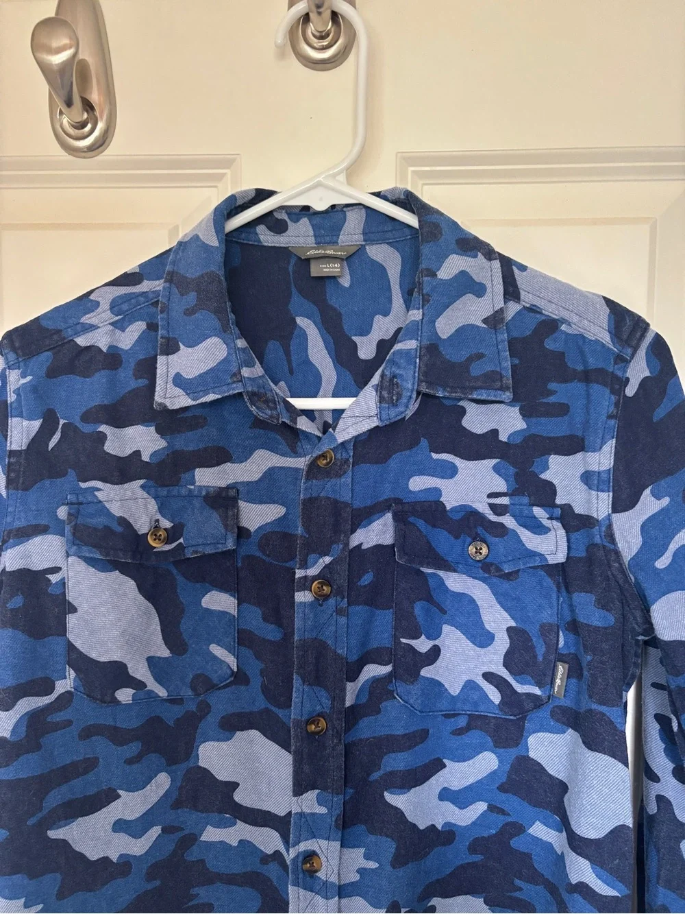 Youth Eddie Bauer Blue Camouflage Cotton Shirt, sz 14